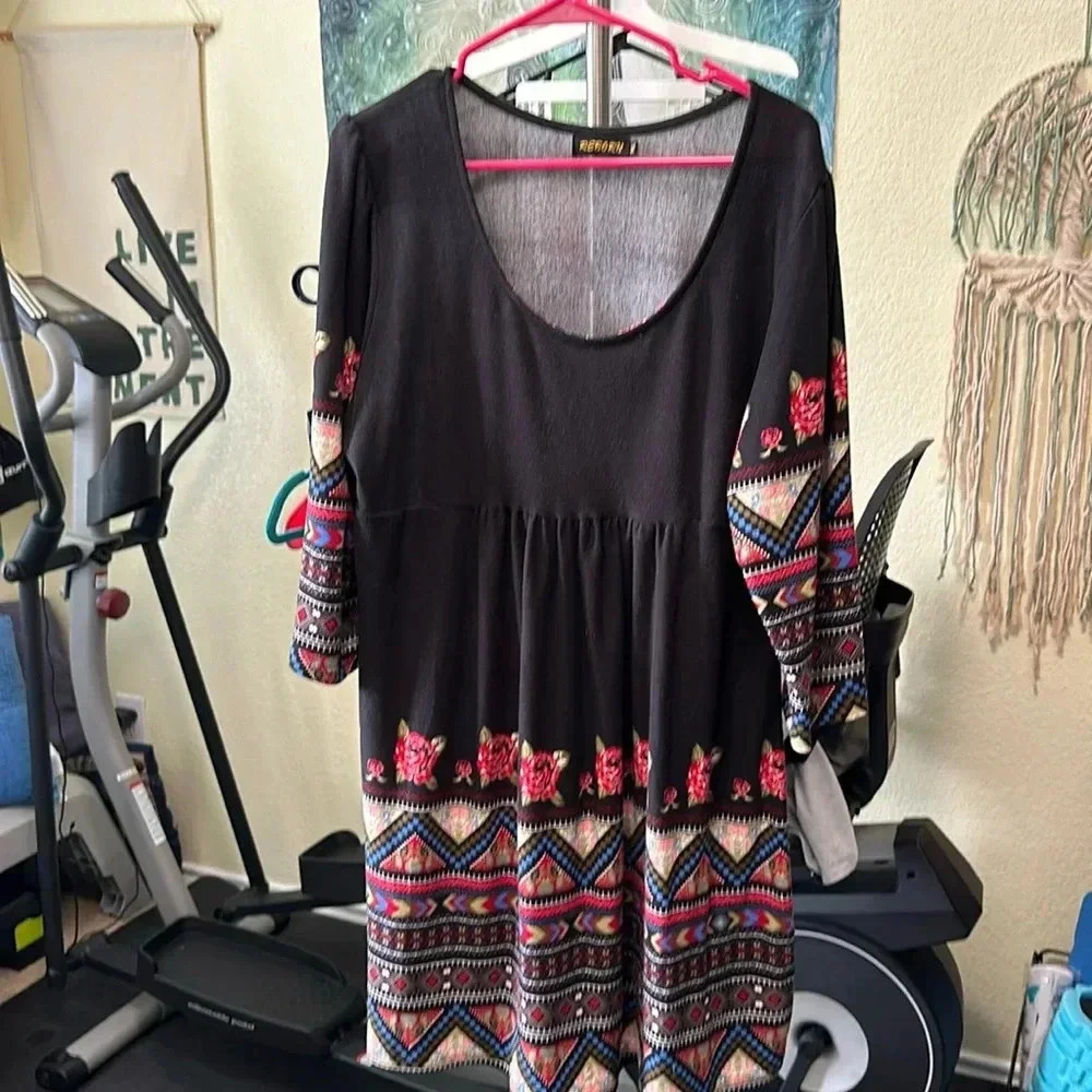 Black 3/4 Sleeve Dress Reborn 1XL floral and Aztec